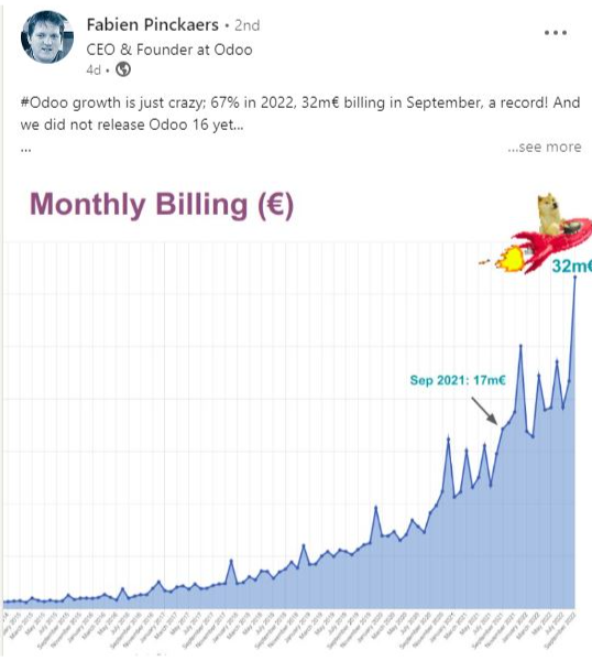 Fabien Pinckaers post on Linked In showing graph of astronomical growth of Odoo in 2022